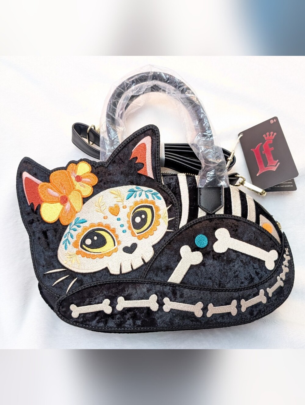 Loungefly Dia De Los Muertos black skeleton Cat Crossbody Bag nwt